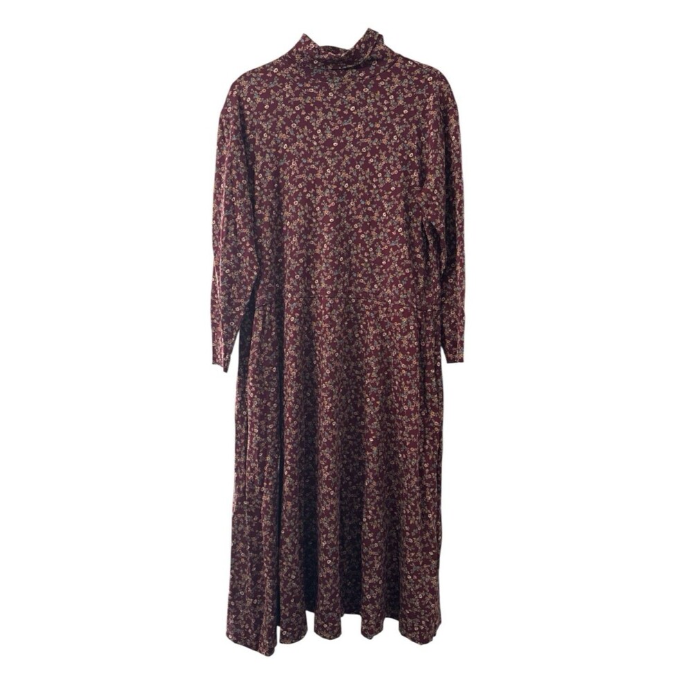 Vintage Lands End Floral Turtleneck Maxi Dress Cottagecore Cotton US Large P LP